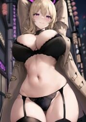 1girls ai_generated arms_up blonde_hair bra breasts female huge_breasts legwear lingerie long_hair naughty_face open_coat original original_character panties purple_eyes slim_waist smile stable_diffusion stuffyai thick_thighs underwear