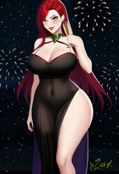 1girls ai_generated big_breasts black_dress blush busty champagne_glass dress elegant elegant_dress female female_only fireworks green_eyes happy_new_year hips hourglass_figure huge_breasts katarina_du_couteau league_of_legends lipstick long_hair new_year red_hair red_lipstick scar_across_eye smile smiling_at_viewer solo_female thick_thighs voluptuous wide_hips xzerø