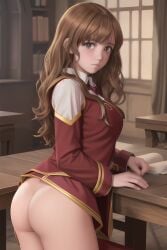 ai_generated airest ass blush brown_eyes brown_hair classroom gryffindor harry_potter hermione_granger jacket no_panties partially_clothed school_uniform schoolgirl skirt stable_diffusion