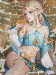 ai_generated bad_hands belly_button blonde_hair blue_eyes elf elf_ears elf_female elf_girl female female_only nintendo princess_zelda snow snowing the_legend_of_zelda video_game video_game_character video_games