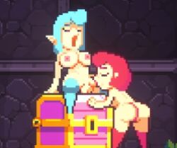 1girl1futa big_breasts blowjob blue_hair exposed_breasts futanari naked pixel_art red_hair scarlet_maiden video_games