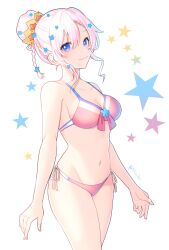 1girls bare_midriff bare_shoulders belly_button bikini blue_eyes braid braided_hair cleavage crown egerik_k_ exposed_shoulders exposed_torso flowers flowers_in_hair hair_bun indie_virtual_youtuber light_blush light_pink_hair looking_at_viewer lyrica_(vtuber) medium_breasts midriff navel pink_hair smile solo solo_female solo_focus stars swimsuit tied_hair two_tone_eyes virtual_youtuber white_background