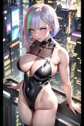 1girls ai_generated big_ass big_breasts cd_projekt_red cyberpunk:_edgerunners cyberpunk_2077 female female_only light-skinned_female light_skin lucyna_kushinada maya_(artist) multicolored_hair studio_trigger thick_thighs view wide_hips