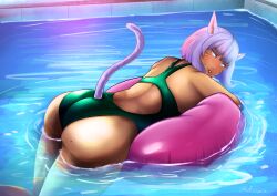 1girls animal_ears arejay ass ass bent_over blue_eyes cat_ears cat_tail catgirl final_fantasy final_fantasy_xiv looking_at_viewer looking_back looking_back_at_viewer miqo'te mole mole_on_ass pool short_hair shoulder_length_hair solo_female square_enix swimsuit swimwear tail water white_hair y'shtola