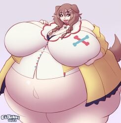 1girls bbw big_ass big_breasts bottomless dog_girl elbunny fat female female_only hololive huge_belly inugami_korone looking_at_viewer morbidly_obese obese obese_female overweight solo thick_thighs virtual_youtuber vtuber