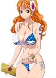 big_breasts bikini brown_eyes dotvibe female female_only flower_in_hair frown_eyebrows holding_object nami one_piece one_piece_film_gold orange_hair pearl_earrings post-timeskip serious_look side_tie_bikini_bottom tattooed_arm tied_bikini_top two_tone_clothing white_background