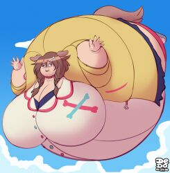 cleavage elbunny floating hololive huge_breasts inflated_belly inflation inugami_korone obese obese_female spherical_inflation sunken_head sunken_limbs virtual_youtuber