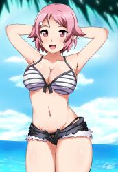 1girls armpits arms_behind_head beach big_breasts bikini breasts busty cleavage confident female female_only hi_res kiikii_(kitsukedokoro) legs lisbeth looking_at_viewer navel ocean open_mouth pink_eyes pink_hair pose posing sensual sexy_armpits short short_hair smile sonicbluespeed swimsuit sword_art_online thighs voluptuous water