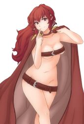 1girls anna_(fire_emblem) anna_(fire_emblem_awakening) belt beltbra beltskirt cloak covering female female_only finger_to_mouth fire_emblem fire_emblem_awakening highres leaning_forward long_hair looking_at_viewer naked_cloak nintendo ponytail red_cloak red_eyes red_hair smile solo standing transparent_background tridisart