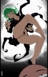 1boy 1girls anus ass bald bottomless breasts buru colored feet female green_eyes green_hair mismatched_pubic_hair no_panties one-punch_man panties_removed pubic_hair pussy pussy_juice saitama short_hair tatsumaki thick_thighs thighs toes