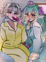 2girls ahoge blush breath_cloud cone_hair_bun crown duo duo_female duo_focus earring finana_ryugu flowers flowers_in_hair fully_clothed gray_hair green_hair grey_hair hairclip head_fins headwear hi_res highres koemi licking licking_sex_toy licking_vibrator lovense_lush multiple_girls nijisanji nijisanji_en open_mouth purple_eyes rabbit_vibrator saliva sex_toy sleepware steam steamy_breath tied_hair tongue tongue_out twin_buns twintails vibrator virtual_youtuber zaion_lanza