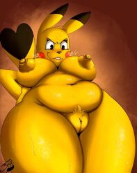 anthro areola big_breasts blush breasts cosplay_pikachu erect_nipples female g4rron generation_1_pokemon genitals looking_at_viewer nintendo nipples pikachu pokemon pokemon_(species) pokemorph pussy solo thick_thighs yellow_body