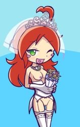 1girls accurate_art_style andou_ringo breasts collar flower flowers furii_(artist) gloves green_eyes medium_breasts nipples one_eye_closed panties pussy puyo_puyo puyo_puyo_7 puyo_puyo_artstyle puyo_puyo_fever red_hair stockings thighs tiara wedding wedding_band wedding_dress wedding_lingerie