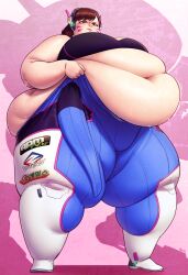 1girls bbw better_with_salt big_belly big_breasts bra d.va fat female obese overwatch overweight pulling_pants_up thick_thighs