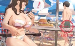 ! 1boy 2022 6+girls :d back beach beach_chair beach_umbrella bikini black_hair breasts brown_eyes brown_hair bubble_tea burger chair cleavage cloud cup drink english_text eyepatch_bikini feet female female_focus female_pervert food french_fries green_shorts heart highres holding_drink large_breasts long_hair looking_at_another looking_at_ass matching_hair/eyes navel open_mouth original outdoors ryokucha_michi sand short_hair shorts sitting sky slightly_chubby smile soles solo_focus spoken_exclamation_mark standing swimsuit table text thighs toes topless umbrella wavy_hair