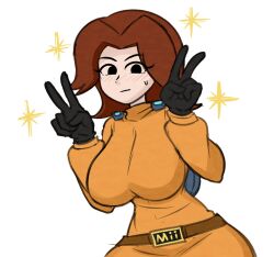 1girls alternate_breast_size belt big_breasts blush breasts brown_hair busty dodo-bot double_peace_sign double_v female female_focus female_only gloves huge_breasts large_breasts looking_at_viewer medium_hair mii mii_gunner mii_gunner_(smash_4) mob_face peace_sign solo solo_female solo_focus super_smash_bros. sweatdrop white_background wide_hips