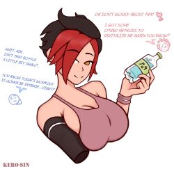 1girls ash_(paladins) big_breasts black_hair bra breast_squeeze breasts cleavage emo emo_girl english_text hi-rez_studios kerosin looking_at_viewer paladins pink_clothing red_hair sideboob sports_bra sportswear talking_to_viewer text tomboy