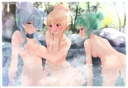 3girls :3 all_fours ass back bare_ass bare_back bare_breasts bare_shoulders bathing belly_button big_breasts blonde_hair blue_hair blush breast_grab breasts butt completely_naked completely_naked_female completely_nude completely_nude_female covered_eye dragon_girl dragon_wings elira_pendora ex_idol eye_covered fairy finana_ryugu fish_girl flat_chest grabbing_breast green_hair hair_bun hair_covering_eye hair_over_one_eye hair_wings hand_on_breast head_fins head_wings heart-shaped_pupils hi_res highres hot_spring idol__picture lazulight medium_breasts multiple_girls naked naked_female navel nijisanji nijisanji_en nude nude_female one_eye_covered one_eye_obstructed partially_submerged pointy_ears pomu_rainpuff purple_eyes red_eyes sitting small_breasts squish squishing steam steamy tied_hair trio trio_female trio_focus virtual_youtuber water wet wet_body wet_skin wings yellow_hair yuri