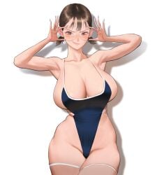 1girls armpits bursting_breasts bursting_clothes clavicle cowboy_shot curvy determined enormous_breasts glasses hourglass_figure huge_breasts leotard one-piece_swimsuit shadow slutty_swimsuit smile smug standing string_bikini swimsuit thighs_bigger_than_head tits_bigger_than_head twintails voluptuous white_background wonbin_lee