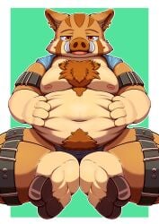 absurd_res aciag anthro anthro_only brown_body brown_fur chest_tuft fangs fur hi_res hooves leather looking_at_viewer male mammal nipples overweight pig_nose simple_background solo suid suina sus_(pig) teeth tuft wild_boar