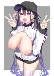 baseball_cap breasts breasts_out double_v female hat highres huge_breasts jirai_kei kitajima_yuuki long_hair looking_at_viewer mole mole_on_breast nipples oerba_yun_fang open_mouth original skindentation solo thighhighs tongue tongue_out v white_thighhighs