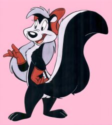 1boy crossdressing furry furry_only hair_ribbon latex latex_gloves looney_tunes male male_only pepe_le_pew sissy solo traditional_media_(artwork) vawlkee