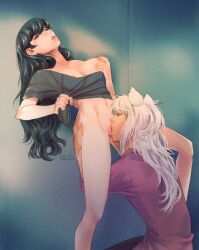 1boy 1boy1girl 1girls against_wall arched_back artist_signature ass ass_grab bottomless breasts breasts_out canon_couple closed_eyes cunnilingus dark_blue_hair dog_boy dog_ears eating_pussy female golden_eyes hand_on_breast hand_on_butt husband_and_wife inuyasha inuyasha_(character) kagome_higurashi legs licking_pussy male navel no_bra no_panties open_mouth pinku pulling_clothing pulling_shirt pussy pussy_juice pussy_juice_drip shirt shirt_only shirt_pull silver_hair spread_legs tongue_in_pussy vagina wall