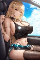 1girls ai_generated blonde_hair blush breasts cleavage female grin gyaru holaraai huge_breasts legwear long_hair looking_at_viewer original original_character rinomaw short_skirt skirt smile stable_diffusion tank_top thick_thighs thong tight_clothing underwear