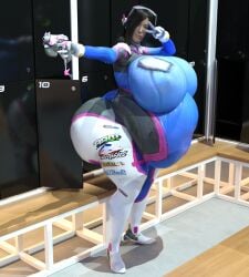 1girls 3d big_ass big_belly big_breasts d.va gun obese overwatch overweight thick_thighs victory_pose violazierau wide_hips