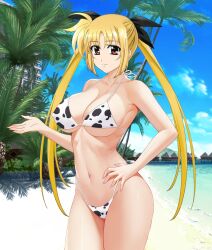 1girls animal_print beach big_breasts bikini breasts busty cleavage cow_print cow_print_bikini fate_testarossa female female_only hair_ribbon hand_on_hip highres large_breasts legs long_hair looking_at_viewer lyrical_nanoha mahou_shoujo_lyrical_nanoha navel ocean pose posing red_eyes ribbon sensual smile solo swimsuit thighs thong_bikini twintails voluptuous water