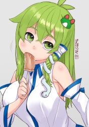 1girls antenna_hair bangs blue_bow blush body_blush bow breasts collared_shirt commentary_request crossed_bangs dated detached_sleeves dildo fellatio female frog_hair_ornament green_eyes green_hair grey_background hair_between_eyes hair_ornament holding holding_sex_toy kei_jiei kochiya_sanae large_breasts long_hair looking_at_viewer open_mouth oral saliva sanae_kochiya sex_toy shiny_skin shirt sideboob sidelocks simple_background single_hair_tube sleeve_bow sleeveless sleeveless_shirt snake_hair_ornament solo touhou upper_body white_shirt white_sleeves