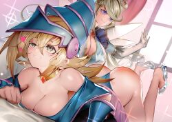 2girls ass blonde_hair cleavage dark_magician_girl duel_monster fairy female female_only hat heels heels_up leotard ro_g_(oowack) spanking spanking_ass tits trickstar_holly_angel yu-gi-oh!