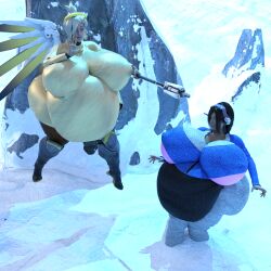 2girls 3d bbw big_ass big_belly coat d.va erect_nipples fighting huge_breasts mercy obese overwatch snow sweater thick_thighs violazierau