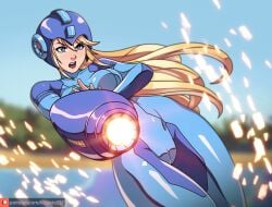 1girls alternate_costume blonde_female blonde_hair blue_eyes cameltoe cute cute_face female female_focus female_only hip_focus hips kagato007 long_hair mega_man mega_man(classic) mega_man_(cosplay) metroid nintendo open_mouth pussy samus_aran skin_tight solo solo_female solo_focus teeth tongue vagina very_long_hair zero_suit zero_suit_samus