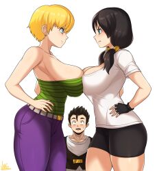 2girls big_breasts bike_shorts black_hair blonde_hair breast_press breasts catfight dragon_ball dragon_ball_z erasa female female_focus hand_on_hip jmg looking_at_another male son_gohan staredown tagme thick_thighs twintails videl