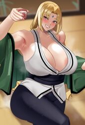 1girls alternate_background alternate_version_available areola_slip areolae armpits background big_breasts blonde_hair blush bottomwear brown_eyes cleavage clothing drink female female_only forehead_jewel hair holding_drink huge_breasts large_breasts lips mature mature_female mature_woman milf nail_polish nails naruto naruto_(series) neige_(pixiv6850453) smile solo solo_female sweat sweatdrop topwear tsunade