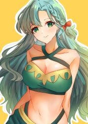 1girls alternate_costume aqua_hair bare_shoulders bikini chloe_(fire_emblem) collarbone commentary criss-cross_halter edamameoka female female_only fire_emblem fire_emblem_engage green_bikini green_eyes green_swimsuit halterneck head_tilt highres long_hair looking_at_viewer more_at_source navel nintendo outline simple_background smile solo stomach swimsuit upper_body very_long_hair white_outline yellow_background