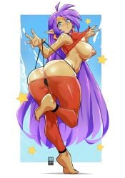 ass bayeuxman big_breasts big_butt bodily_fluids breasts clothing female genie genital_fluids hair hi_res humanoid humanoid_pointy_ears nipples not_furry purple_hair pussy_juice shantae shantae_(character) solo thong underwear wayforward