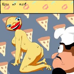 1boy 1girls around_drum ass big_lips black_hair blue_eyes breasts cheese chef_hat dialogue english_text eyelashes eyeshadow facial_hair female female_focus food_creature frown hair hat human humanoid lipstick male melting mustache peppino_spaghetti pizza pizza_granny pizza_tower presenting smile text_box