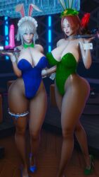 2girls 3d bunnysuit female ftnrmst high_heels hong_meiling huge_ass huge_breasts pantyhose sakuya_izayoi thick_thighs touhou wide_hips