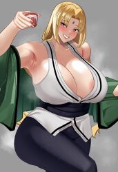 1girls alternate_version_available areola_slip areolae armpits big_breasts blonde_hair blush bottomwear brown_eyes cleavage clothing drink female female_only forehead_jewel hair holding_drink huge_breasts large_breasts lips mature mature_female mature_woman milf nail_polish nails naruto naruto_(series) neige_(pixiv6850453) no_background smile solo solo_female sweat sweatdrop topwear tsunade