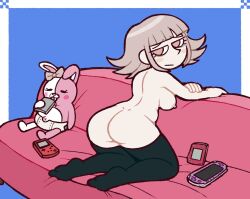 1girls alcohol ass bags_under_eyes bandai bent_over big_ass big_breasts blush casual casual_nudity couch danganronpa danganronpa_2:_goodbye_despair drinking electronics female female_only flask game_boy_color handheld_game_console krusha64612042 large_breasts monomi_(danganronpa) naked nanami_chiaki nintendo nude nude_female on_knees pale-skinned_female pale_skin pink_hair playstation_portable plump socks_only sony straight_hair tblb203 thick_thighs thighhighs vhfd wonderswan