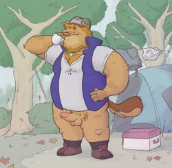 anthro bottomless buffalonickels canid canine canis clothed clothing domestic_dog drinking erection eyewear genitals glasses hair hewland_(buffalonickels) humanoid_genitalia humanoid_penis male mammal orange_hair outside overweight overweight_male penis solo standing