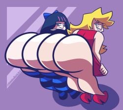 2girls ass ass_focus bent_over big_ass blonde_hair bottomless bottomless_dress bottomless_skirt bubble_butt butt_crack clothing dat_ass dress dumptruck_ass fat_ass female female_only huge_ass looking_back mooning multicolored_hair mythabyss panty_&_stocking_with_garterbelt panty_anarchy presenting presenting_hindquarters smile stocking_anarchy thick_ass thick_thighs