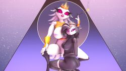 16:9 3d_(artwork) absurd_res anthro areola ass avian big_breasts bird breasts cigarette cigarette_holder clothing crown demon digital_media_(artwork) duo female genitals gomifox hair headgear helluva_boss hi_res huge_breasts legwear looking_at_viewer nipples nude octavia_(helluva_boss) owl owl_demon pussy simple_background source_filmmaker stella_(helluva_boss) stockings white_body widescreen