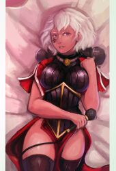 1girls 2d 40k_idol adepta_sororitas bed female female_focus female_only imperium_of_man microphone mothmanillustrations pinup power_armor purple_eyes sister_of_battle sister_rosie solo solo_female violet_eyes warhammer_(franchise) warhammer_40k white_hair