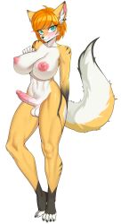 absurd_res anthro areola balls big_breasts blush breasts canid canine ear_tuft embarrassed erection fox fur genitals green_eyes gynomorph hair hi_res humanoid_genitalia inner_ear_fluff intersex looking_at_viewer mammal nipples nude orange_body orange_fur orange_hair penis pink_areola pink_nipples pussy reena_(gazer90) short_hair simple_background solo tail tuft vein veiny_penis weelzelu