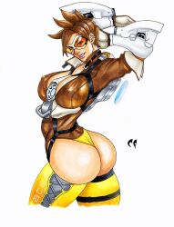 2020 artist_logo ass big_breasts blizzard_entertainment chest_harness chris_foulkes cleavage clothed clothed_female erect_nipples_under_clothes goggles hands_behind_head hourglass_figure jacket lena_oxton looking_back_at_viewer overwatch panties smile smiling_at_viewer thick_thighs thighhighs tracer unzipped_jacket white_background