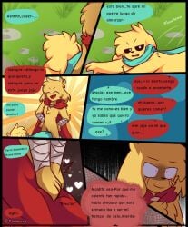 annoyed anthro bandage bandages canine cape comic comic_page erection fluffy fox_yao31 furry golden_retriever hiding_erection mikecrack mikecrack.exe prideful red_eyes short_tail spanish_dialogue spanish_text yellow_fur