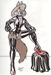 1990s 1994 1boy 20th_century bulge color crossdressing femboy feminine_male furry furry_only high_heels latex latex_thighhighs male male_only original original_character solo traditional_media_(artwork) vawlkee